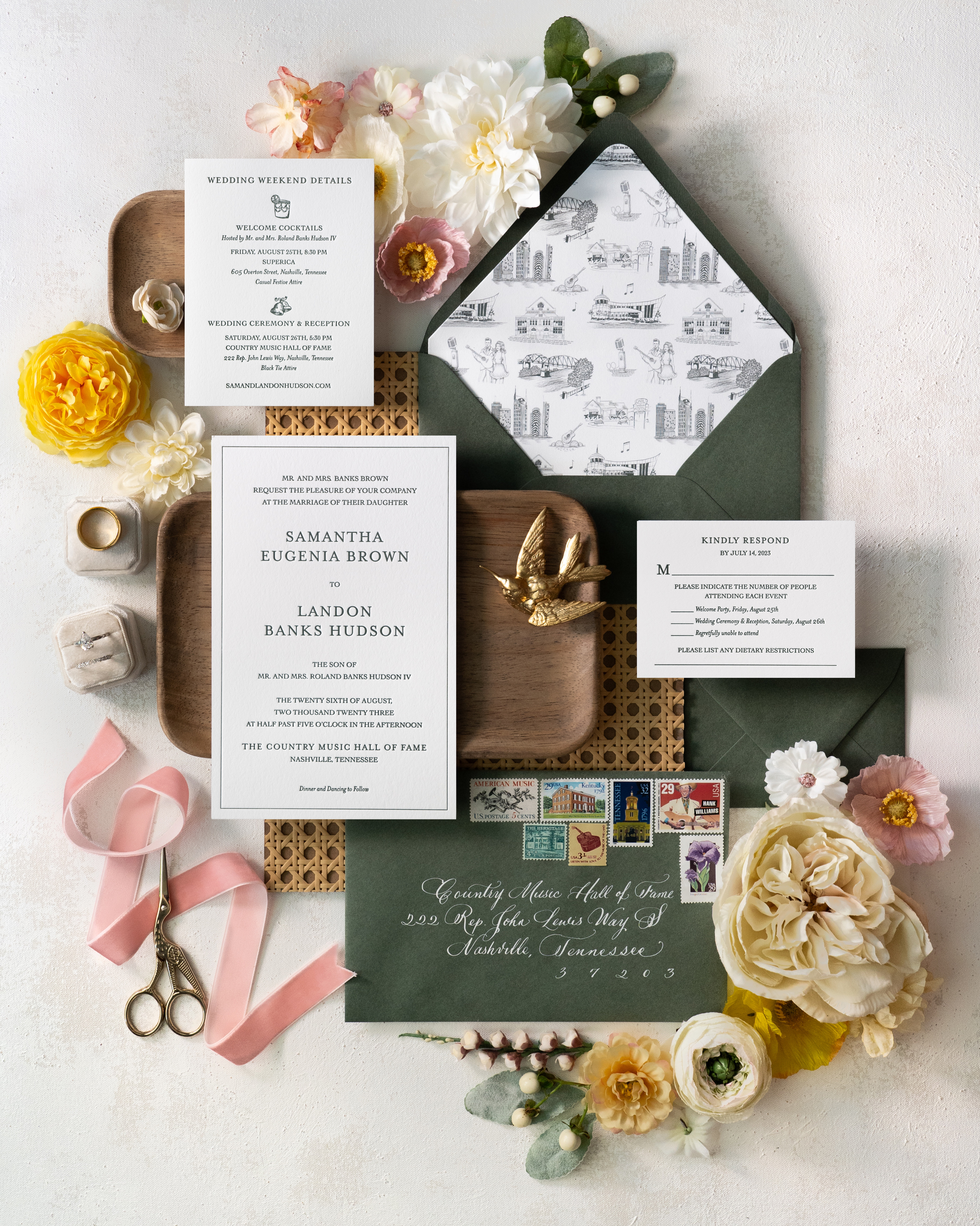 Wedding table arranged with golden cutlery and white charger plate. Mockup  for menu, invitation card, festive concept in vintage style Stock Photo