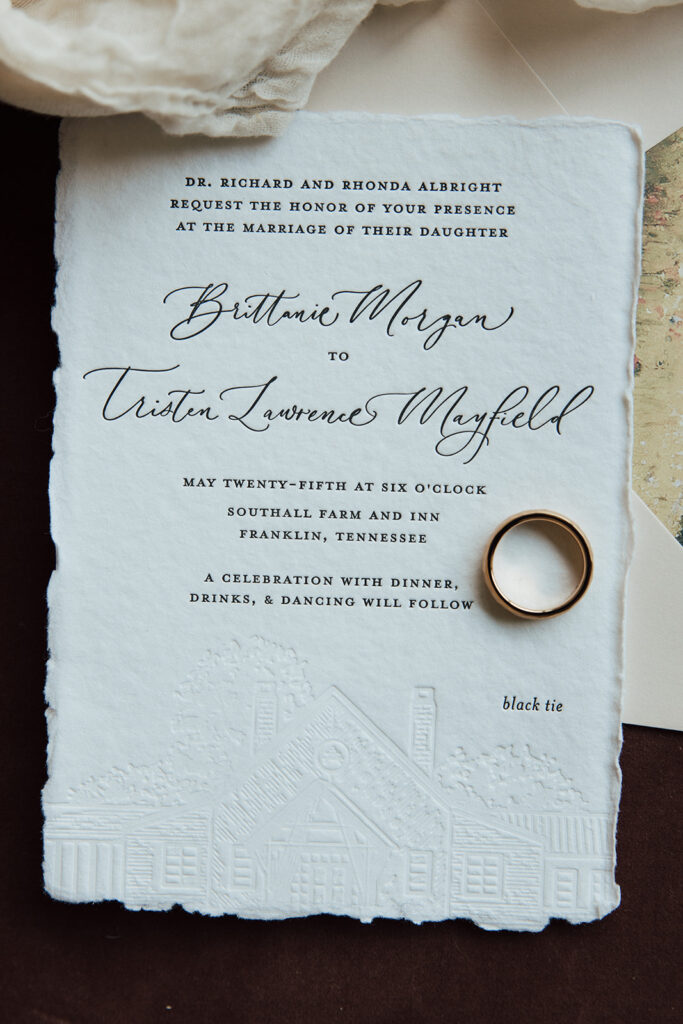 Styled flat-lay of custom wedding invitation.