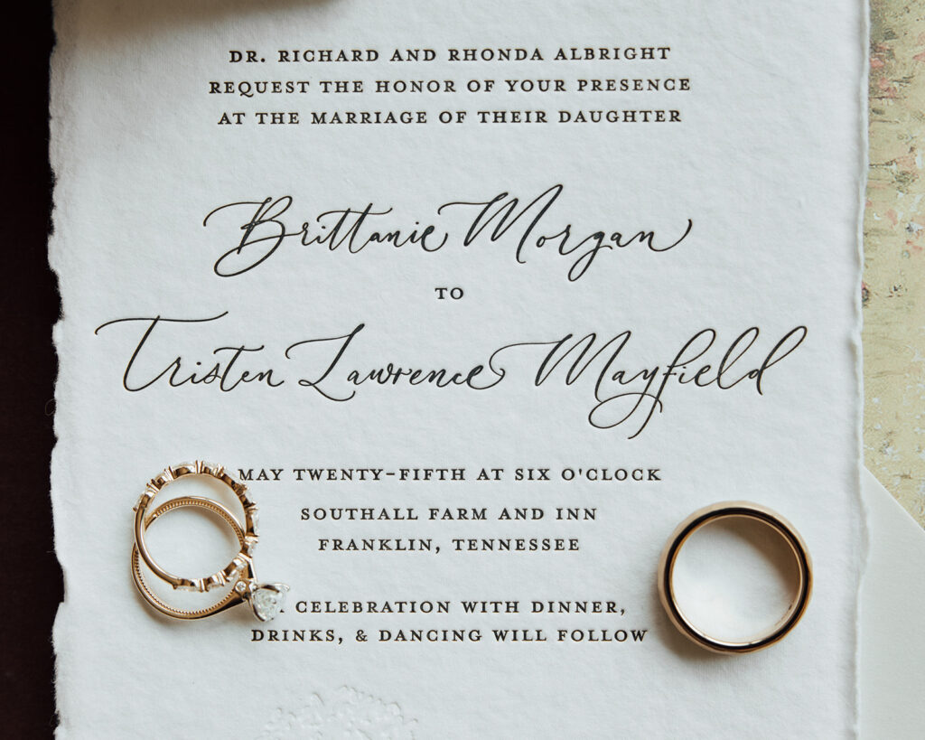 Styled flat-lay of custom wedding invitation.