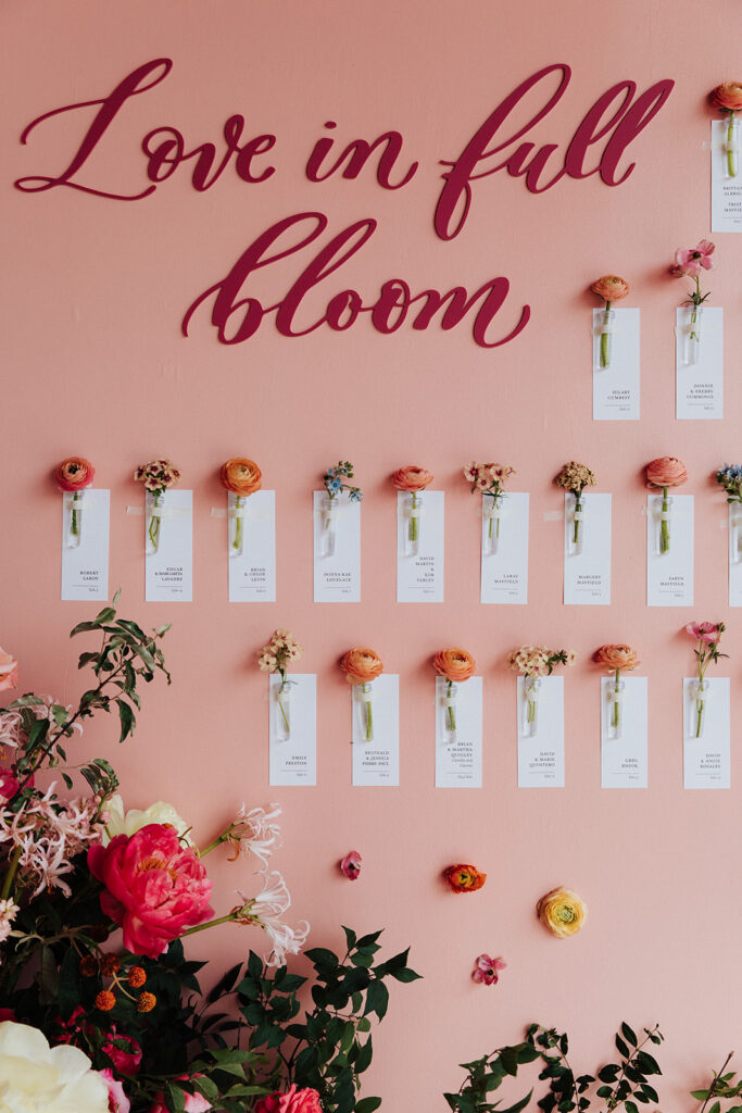 Seating chart display to include individual escort cards and flowers.