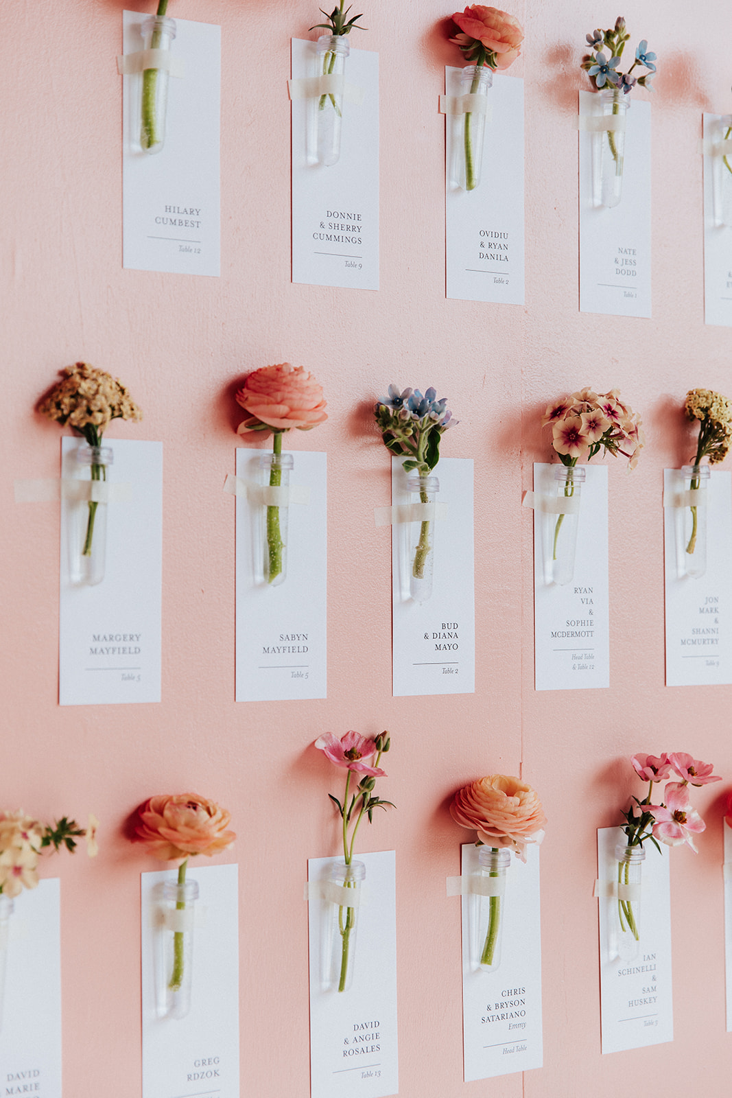 Seating chart display to include individual escort cards and flowers.