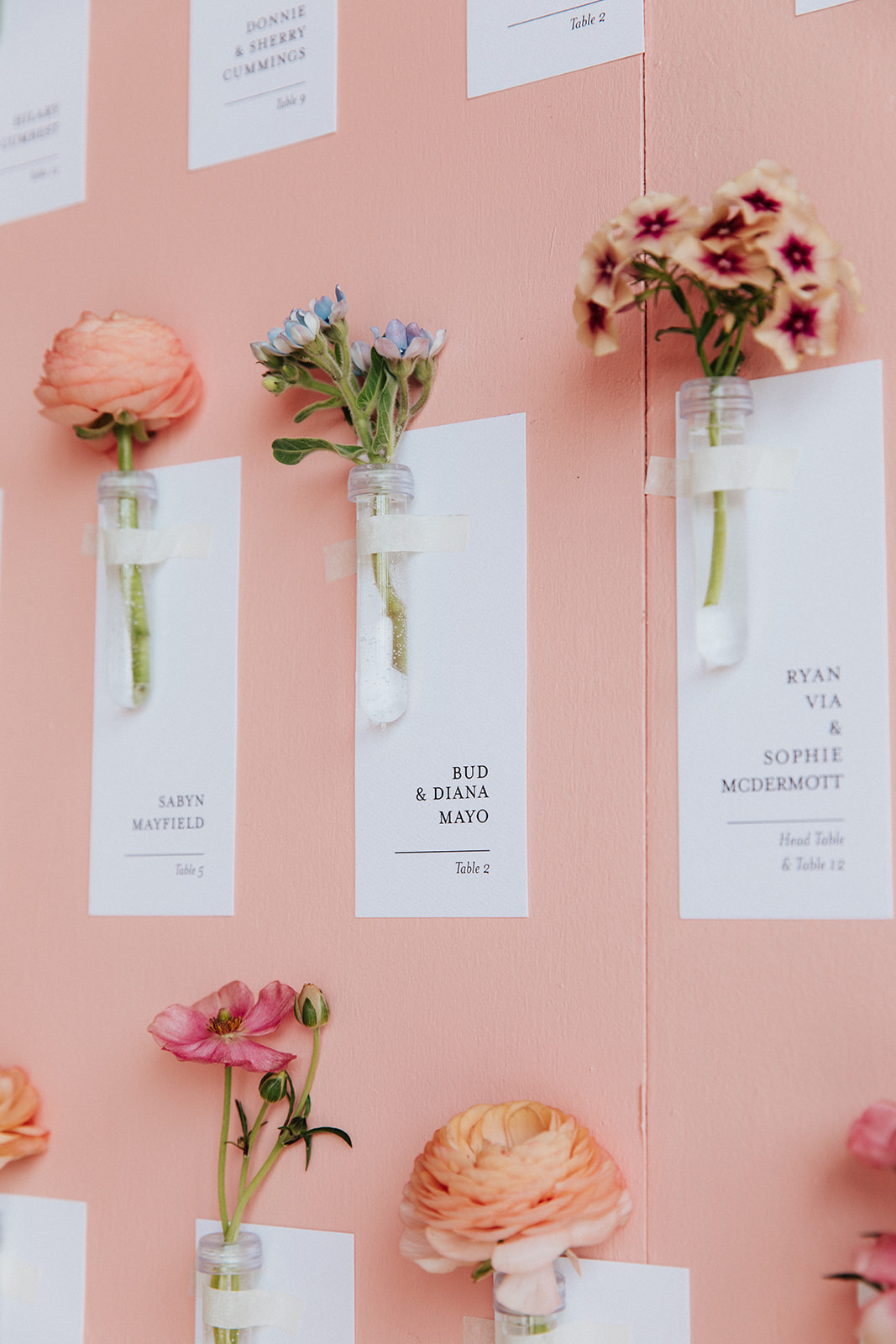 Seating chart display to include individual escort cards and flowers.