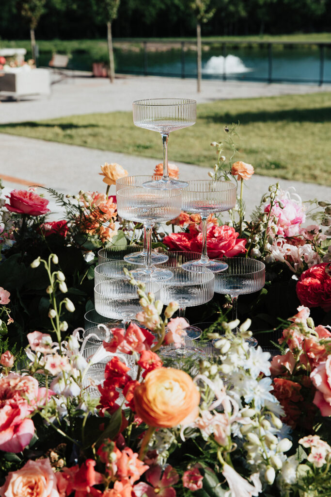 outdoor cocktail bar styled with florals.