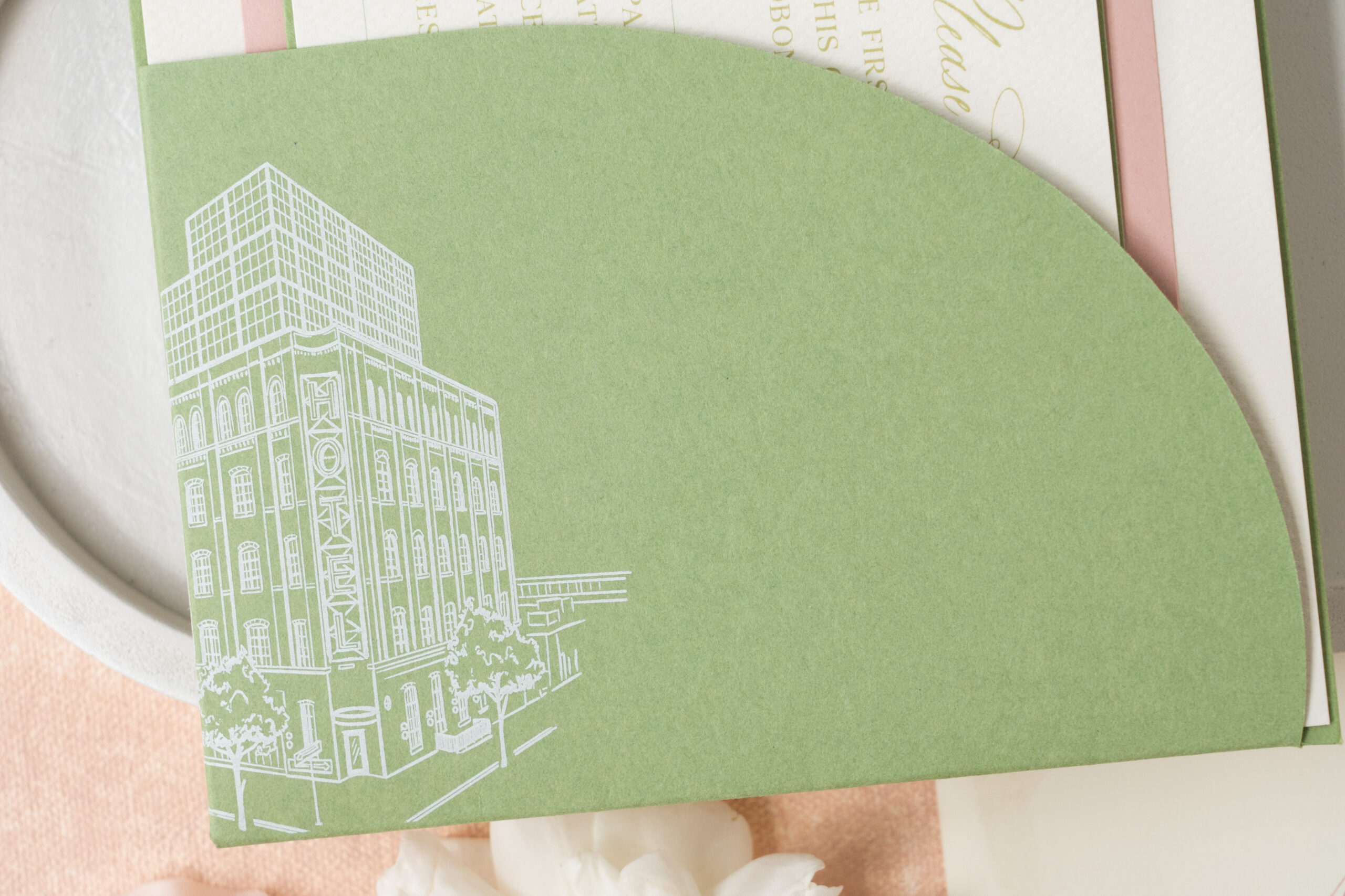 invites with die-cut pocket. Custom architectural sketch on pocket.