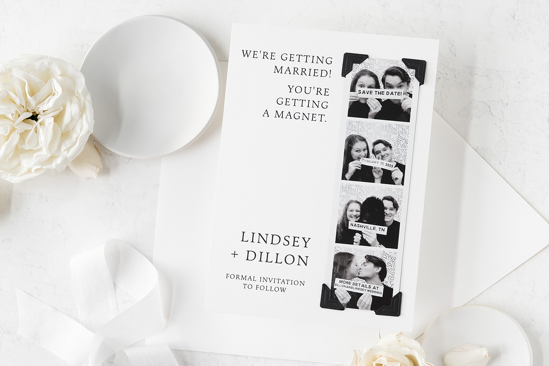 Wedding Day Save the Dates with detachable photostrip magnet.