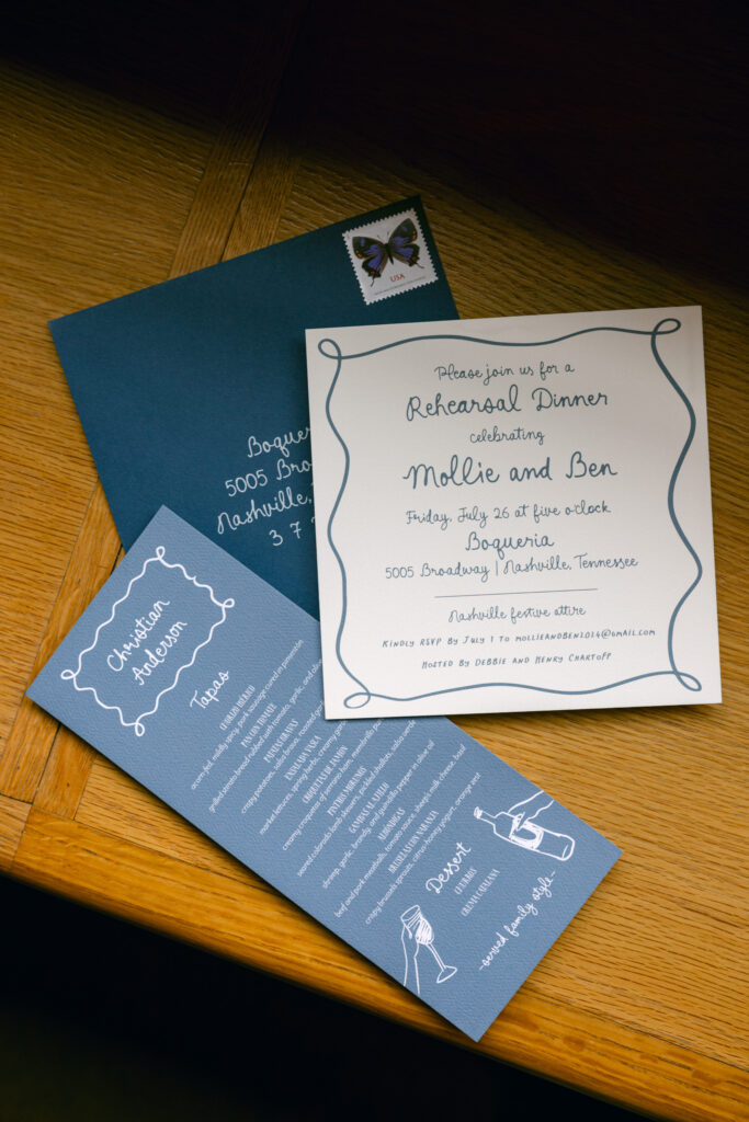 Custom rehearsal dinner invitations with custom font.