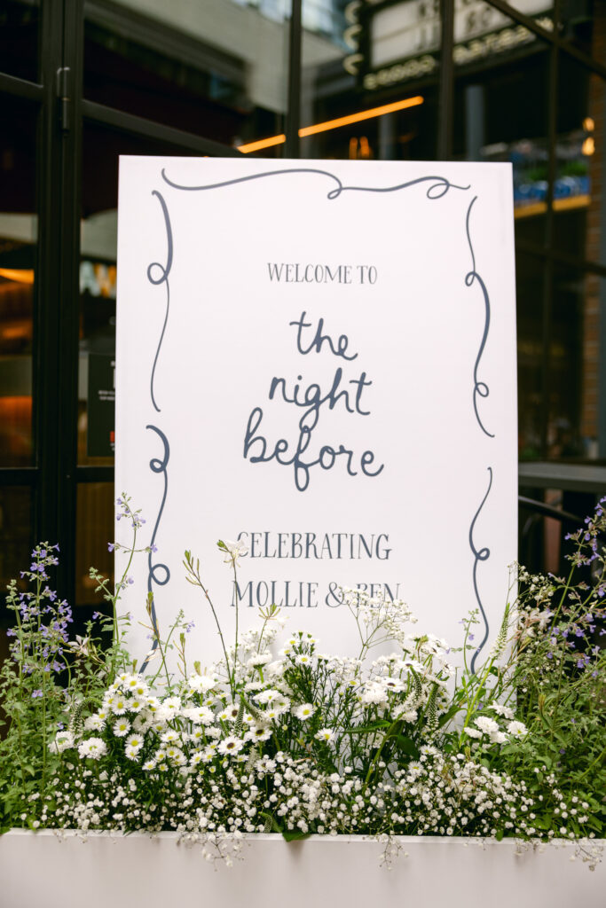 Custom rehearsal dinner welcome sign.