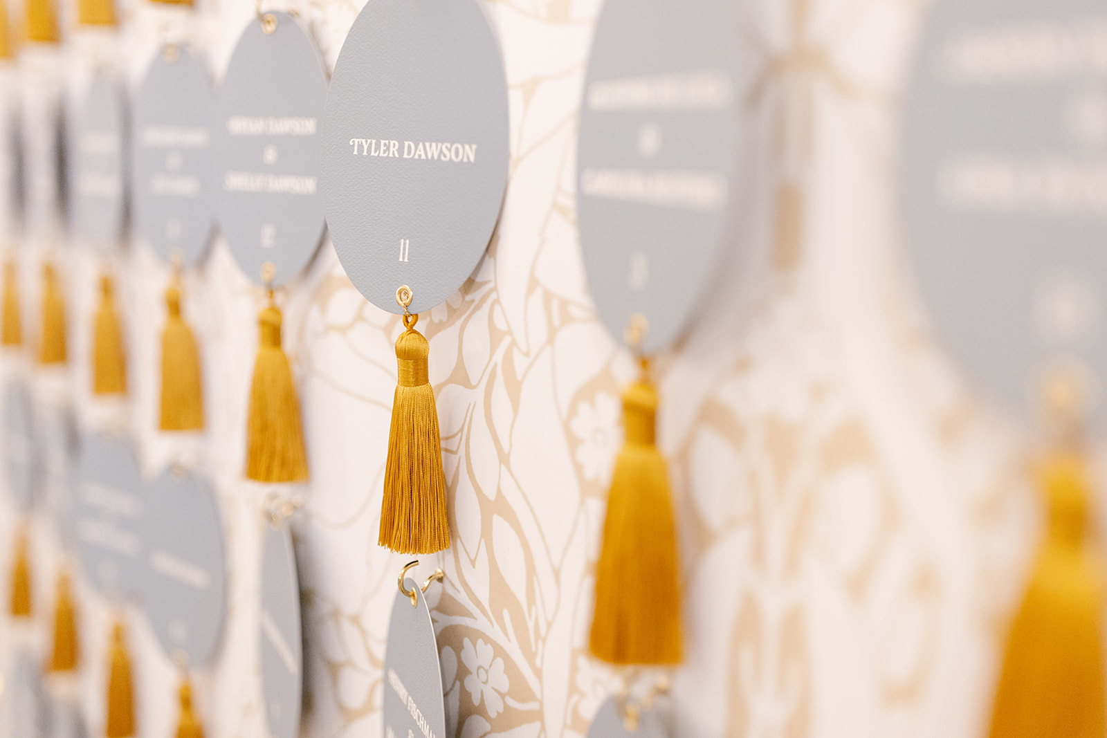 Escort wall includes custom designed wallpaper and escort tags with tassels.