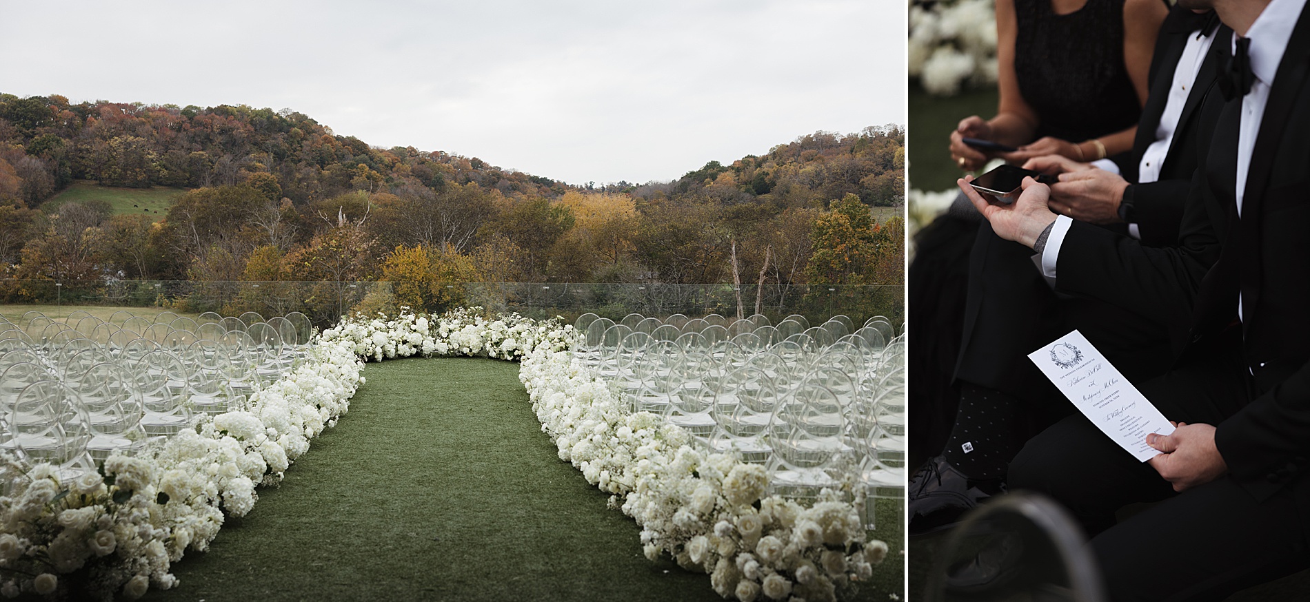 Outdoor wedding ceremony lined with white flowers and custom wedding programs by White Ink Calligraphy and Co.  