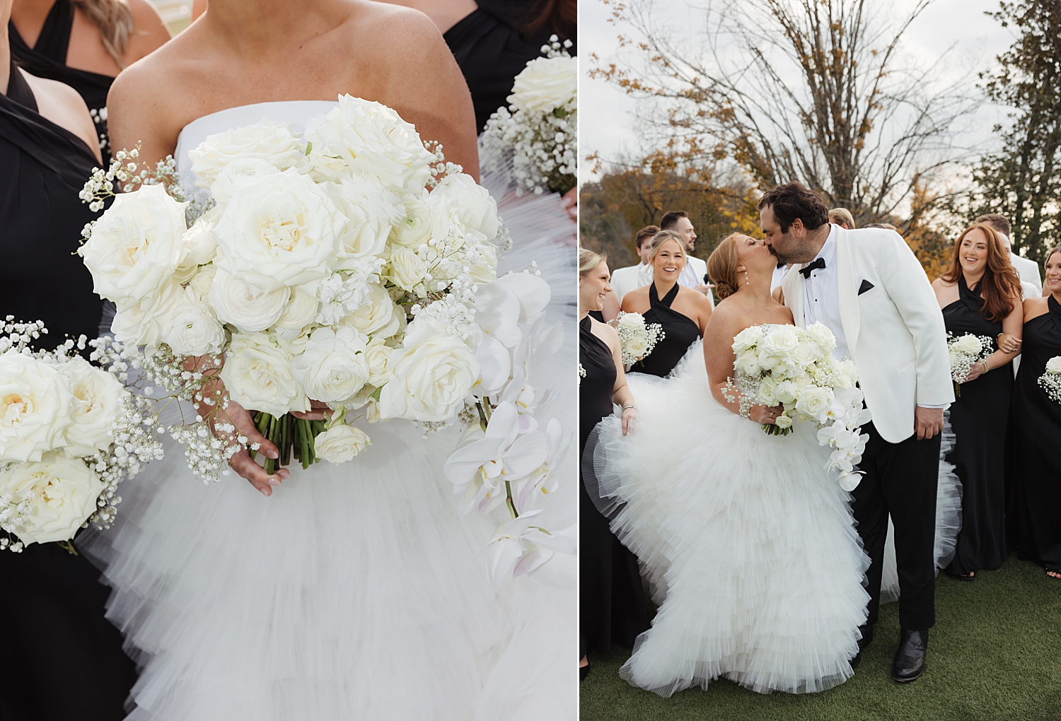 classic white bridal bouquet held by bride while she kisses her husband surrounded by wedding party