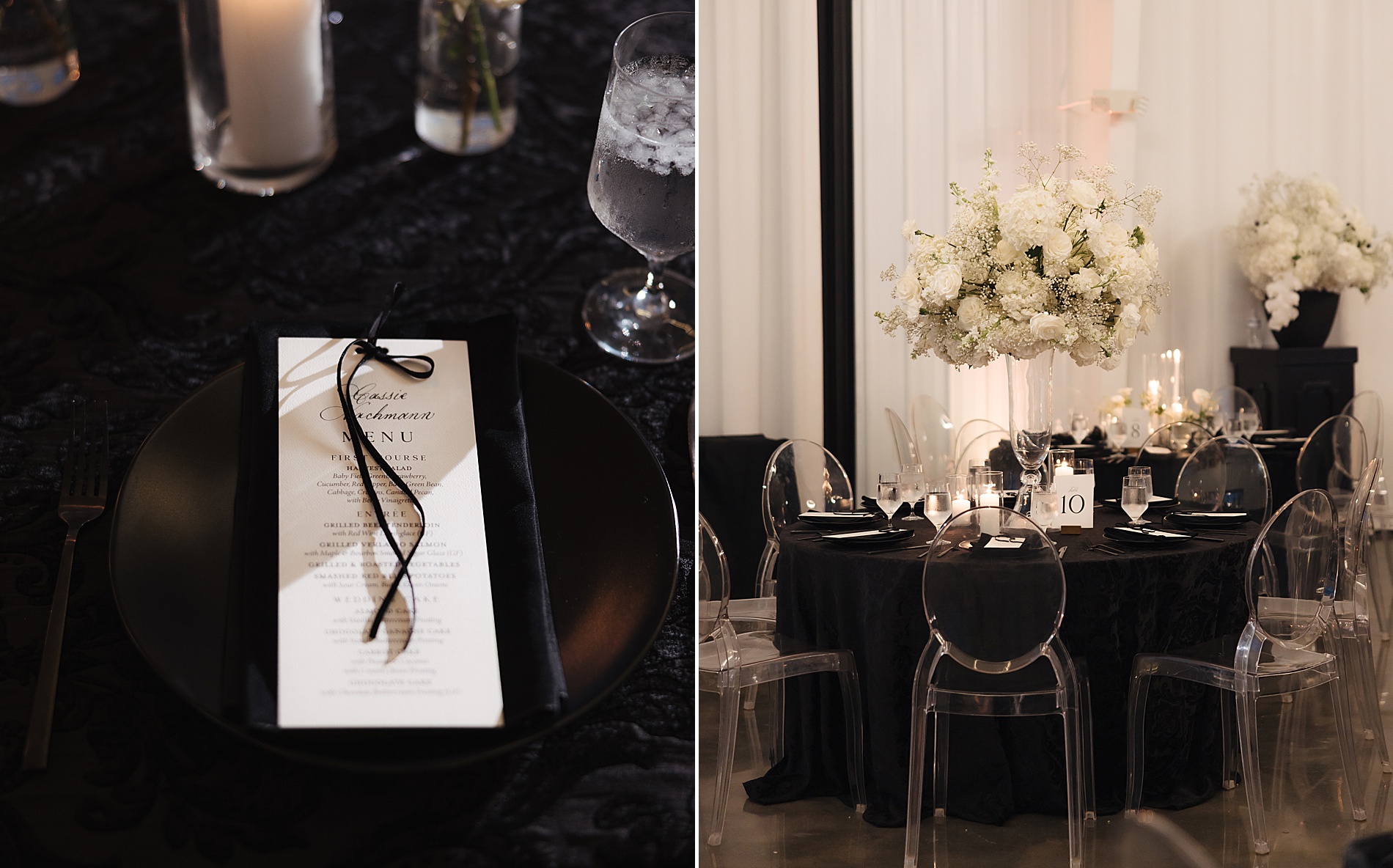 Timeless Wedding Details | white menus sit on black plate complete with velvet ribbon