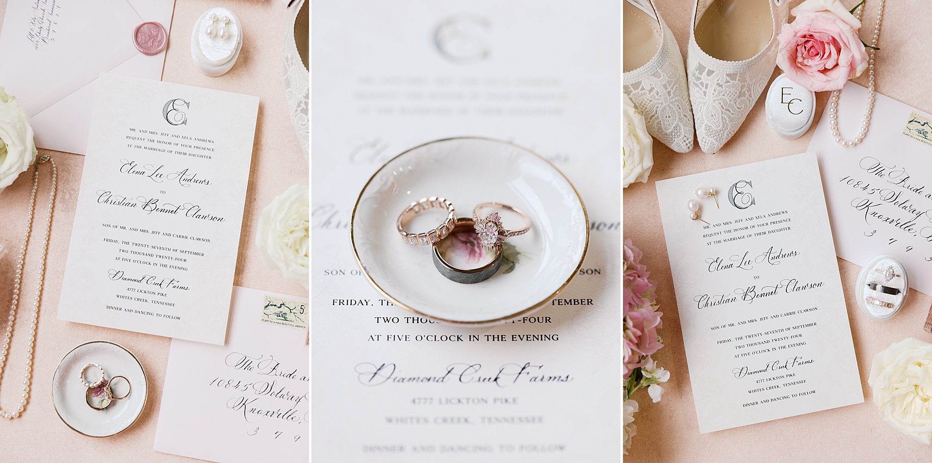 bridal details and wedding invitation with spot calligraphy