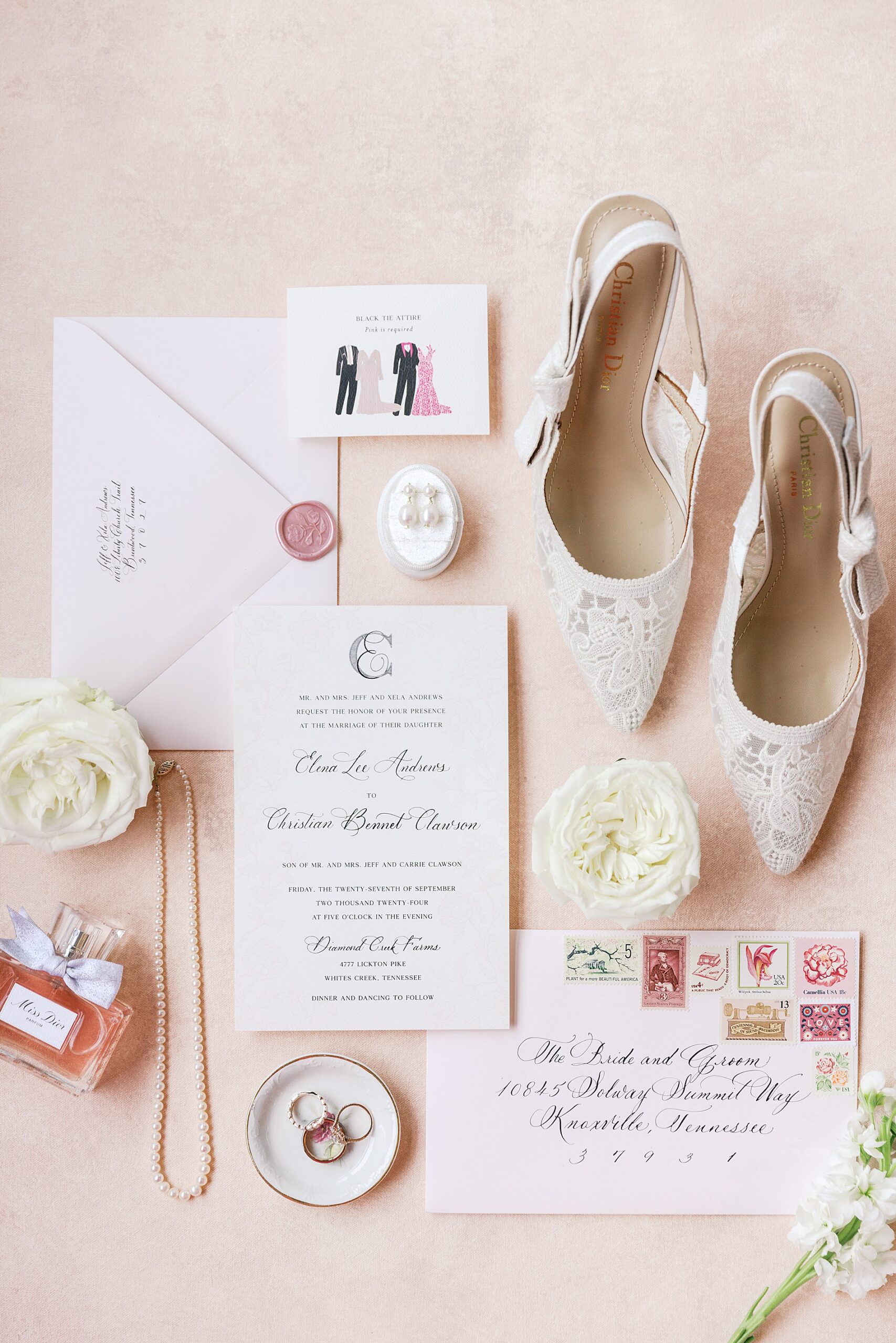 flat lay design from Elevated Pink-Inspired Wedding in Nashville at Diamond Creek Farms