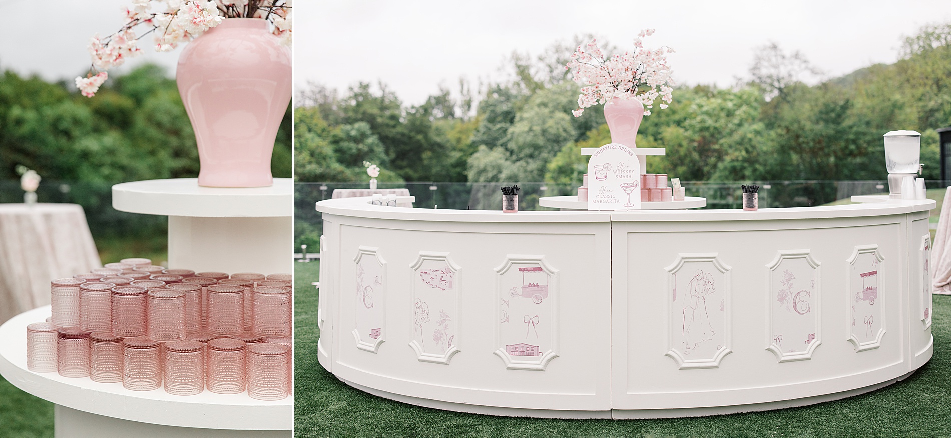 outdoor bar details and pink cups from Elevated Pink-Inspired Wedding in Nashville at Diamond Creek Farms