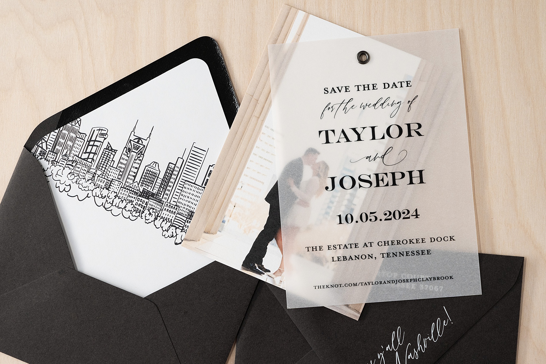 No Boring Save The Dates | This Unique + Custom save the date Design uses a vellum overlay with wedding details attached to a photo of the couple by grommet