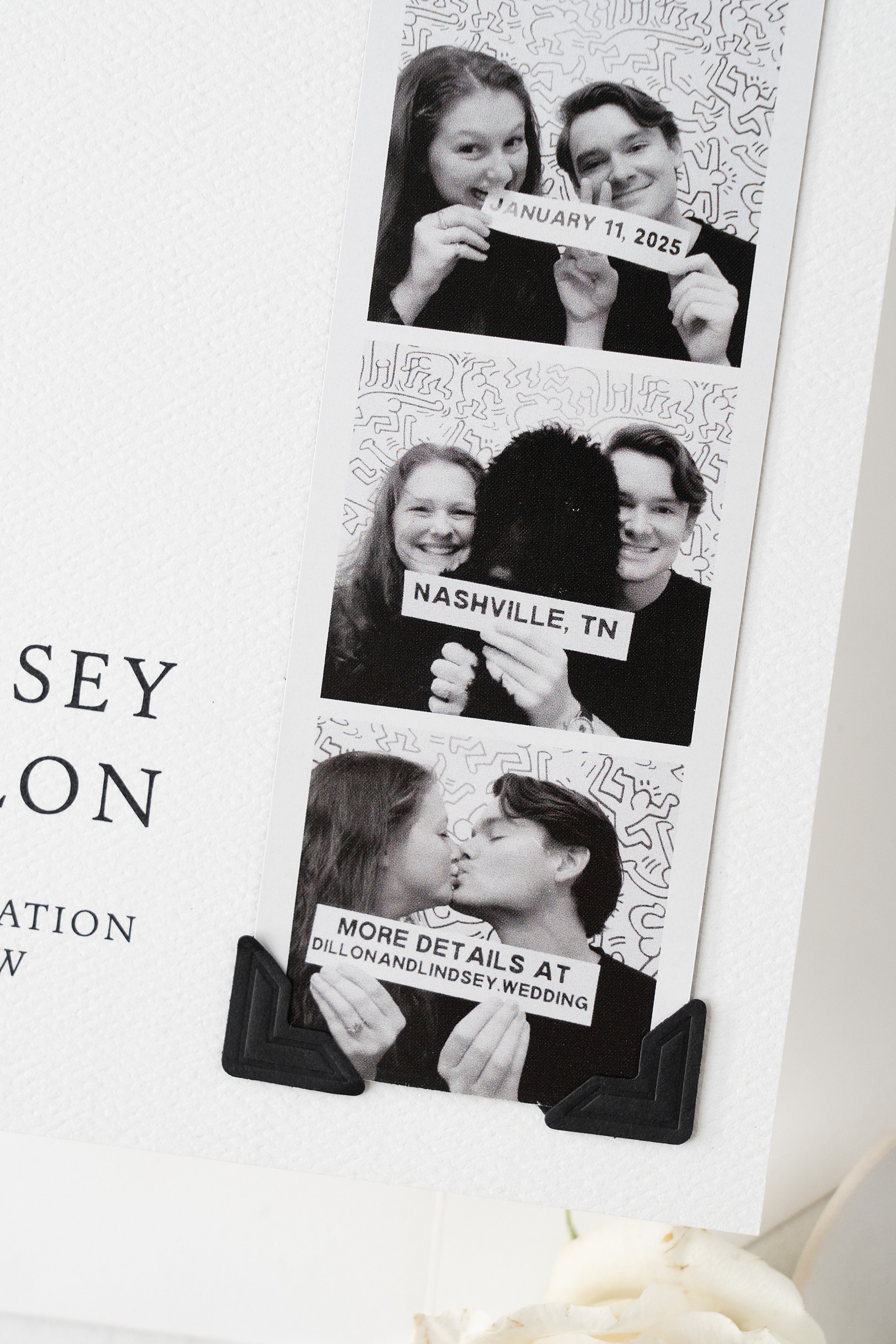 photo strip of couple announcing wedding details