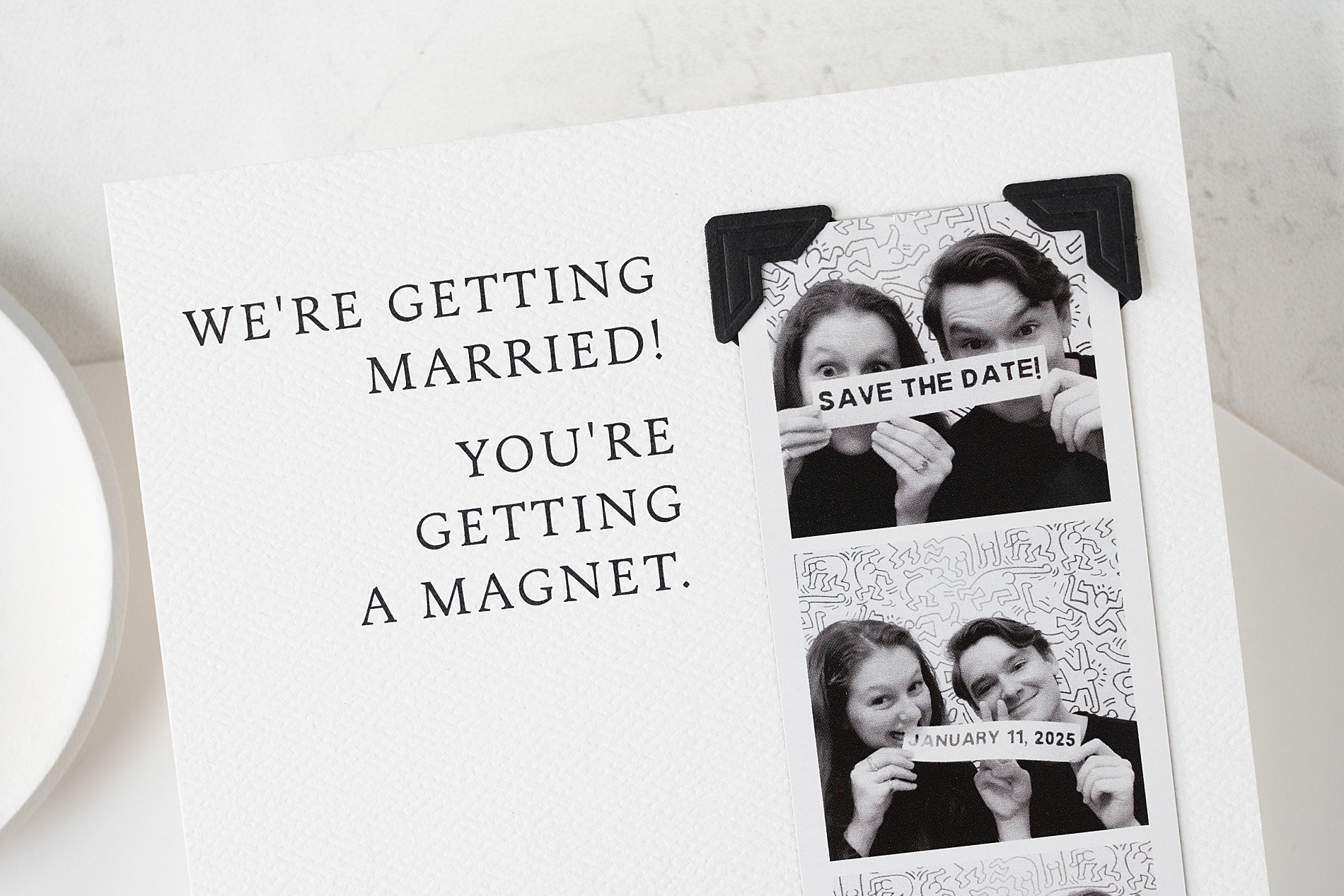 vintage photo strip magnet save the date with the phrase "we're getting married! You're getting a magnet" 