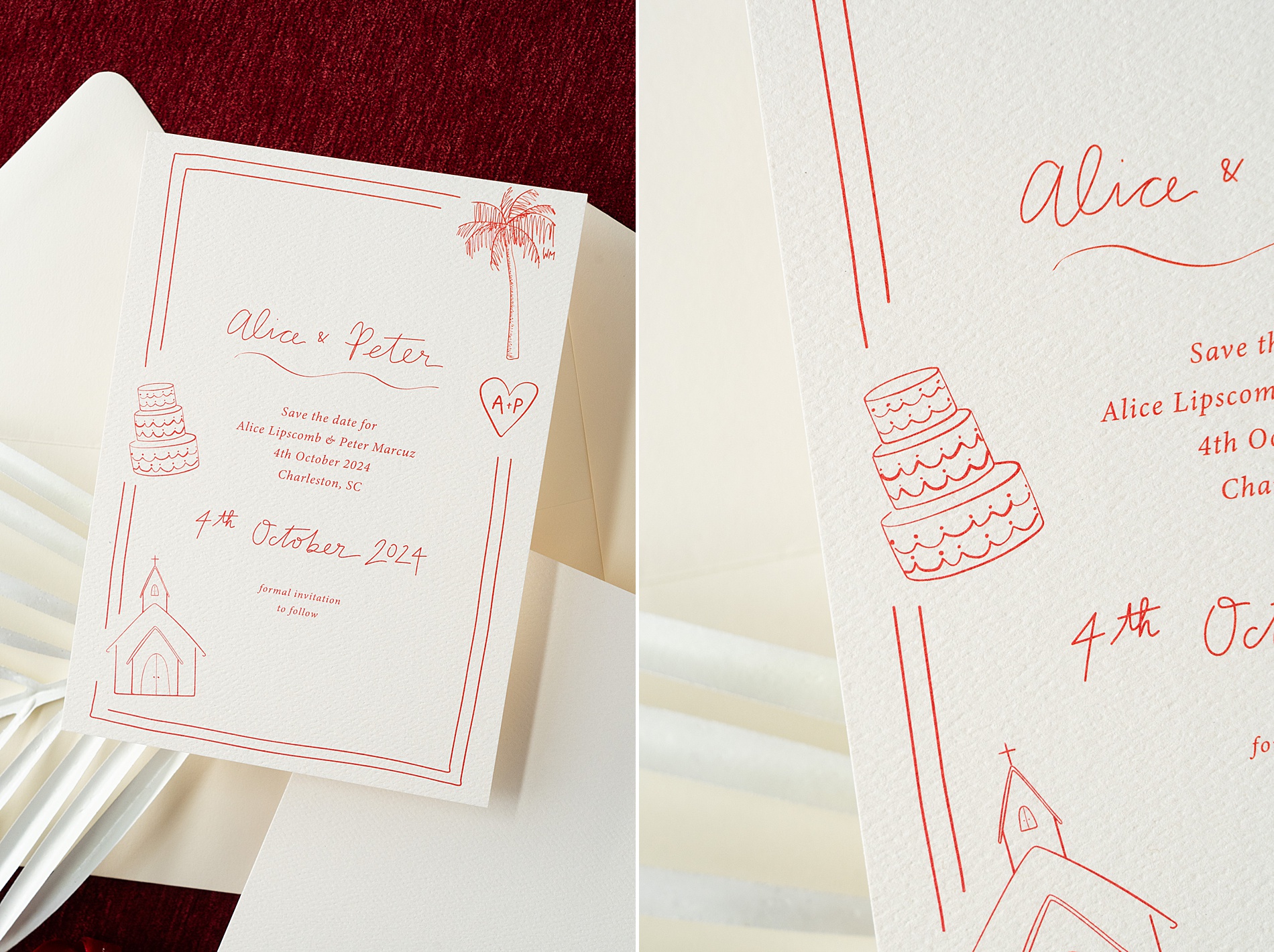 sketches on save the dates also appear on invitation suite, creating cohesive look