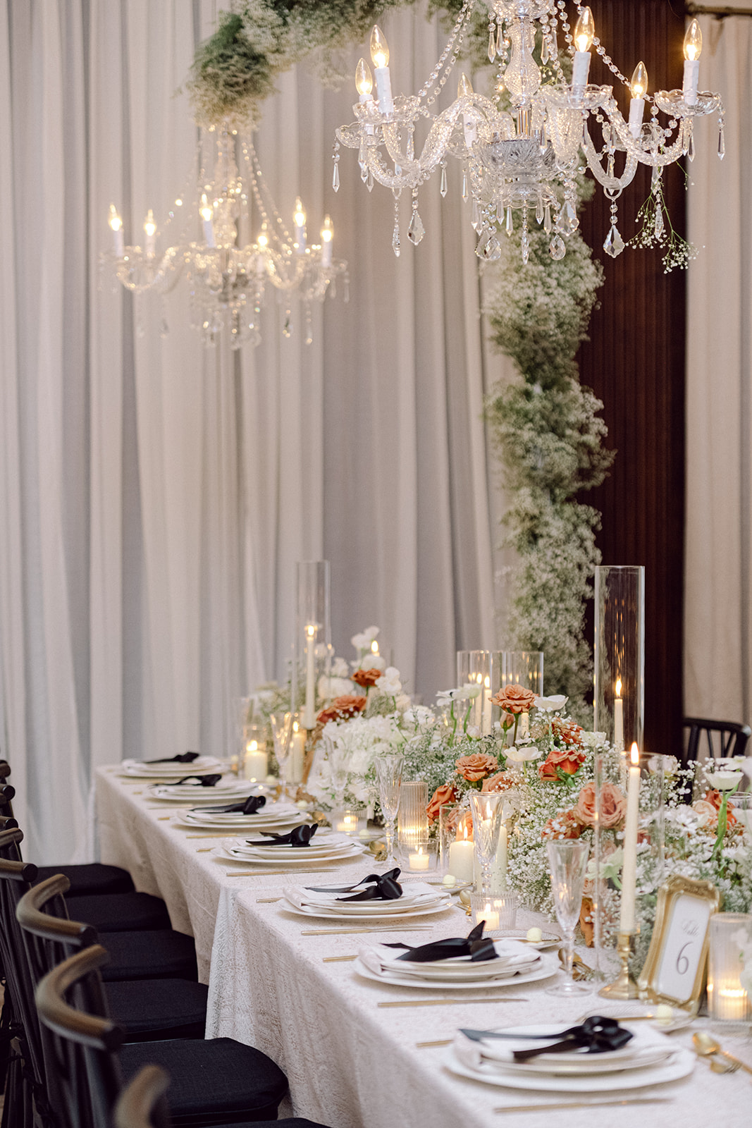 black ribbon place cards tied on custom menus