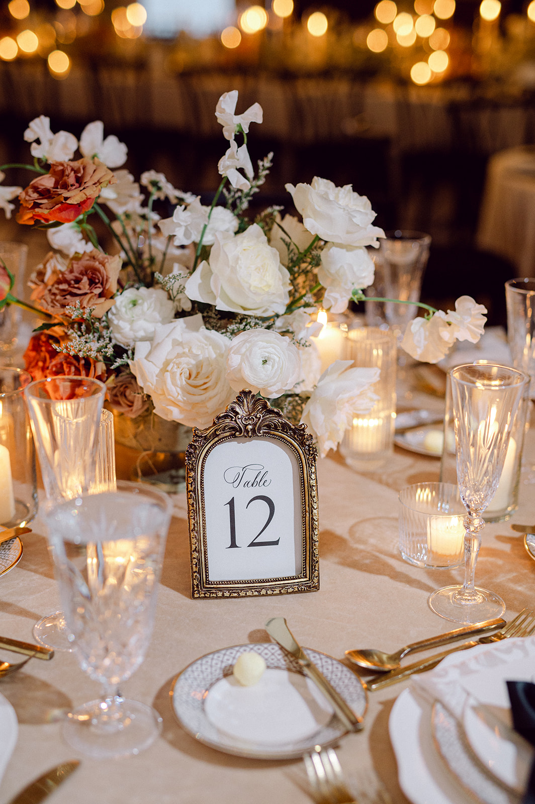 custom table numbers in gold frames from elegant Nashville wedding